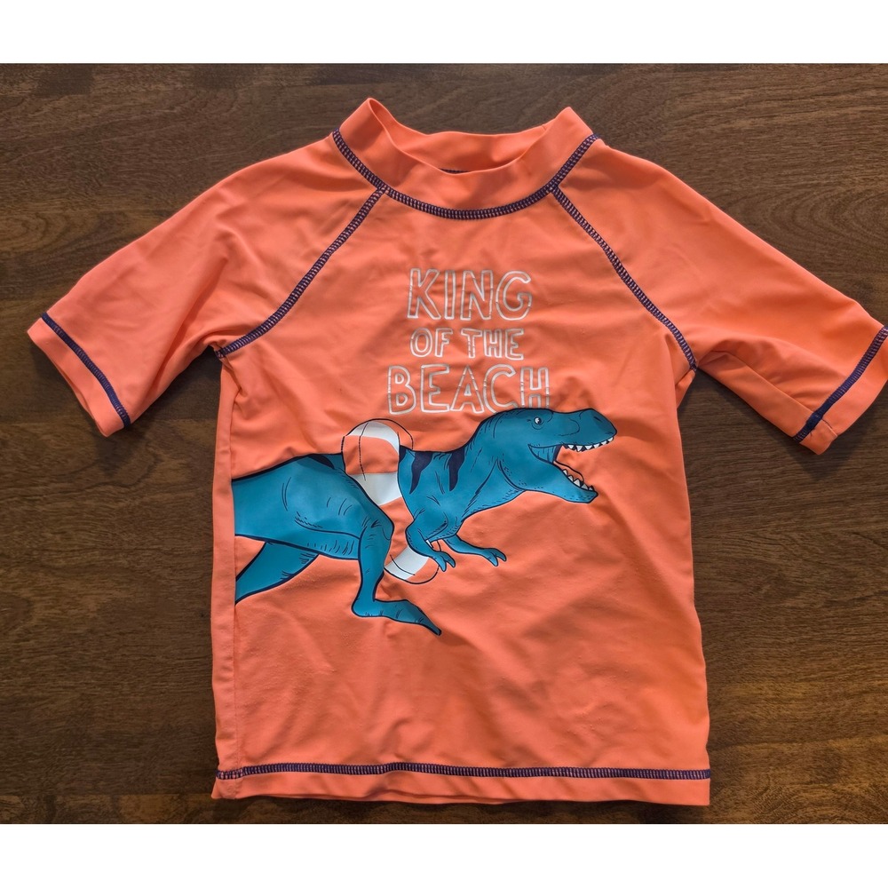 Carters Boys Orange T-Rex King of‎ the Beach Rash Guard Swim Shirt 4T